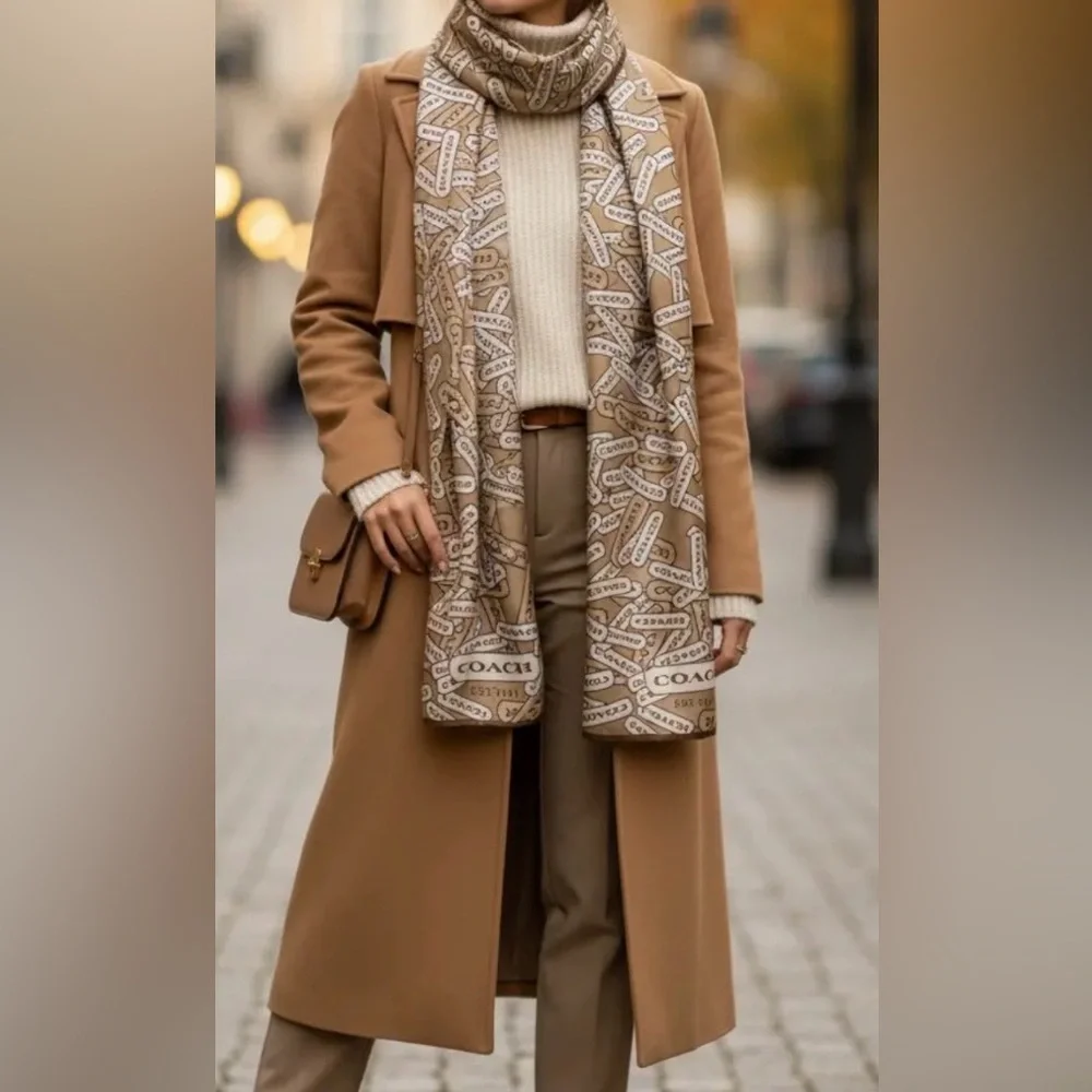 Coach Cream and Brown Logo Silk Scarf - Picture 3 of 6